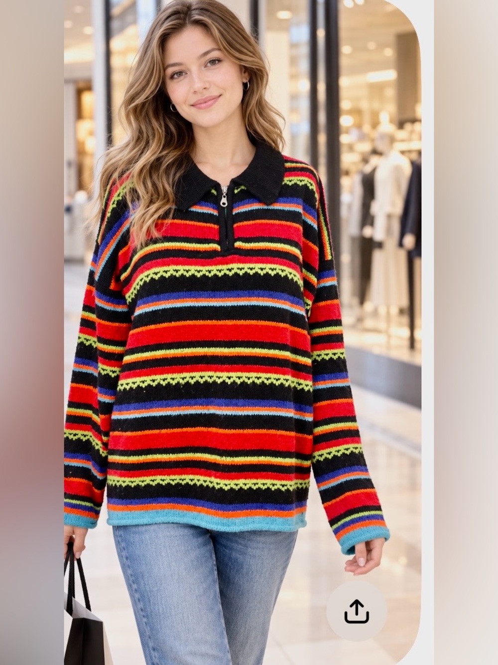 Express Black Zip Sweater with Red, Blue & Green Stripes Size medium